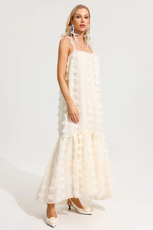 Ivory Textured Lace Tie-Strap Maxi Dress