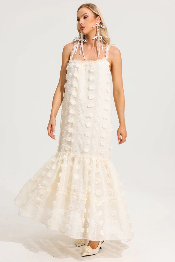 Ivory Textured Lace Tie-Strap Maxi Dress