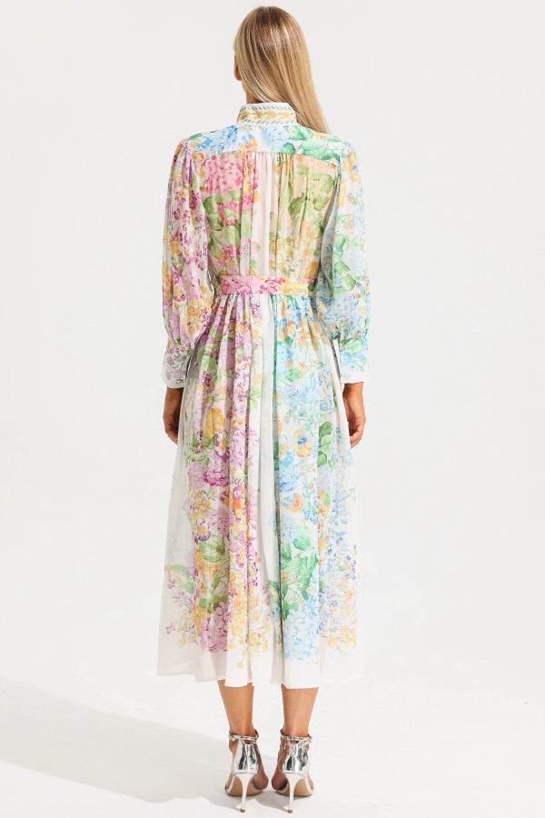Floral Long-Sleeve Belted Midi Dress