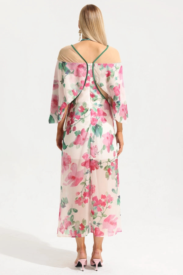 Floral Cape Detail Illusion Midi Dress