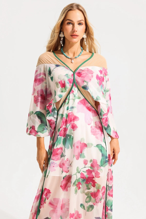 Floral Cape Detail Illusion Midi Dress