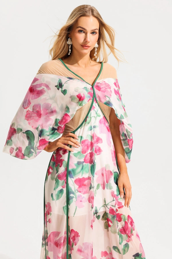 Floral Cape Detail Illusion Midi Dress