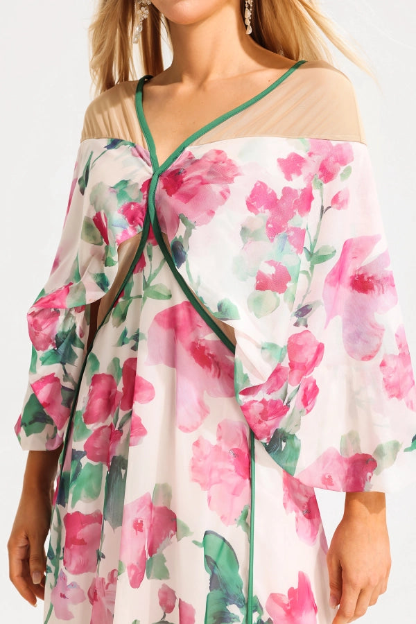Floral Cape Detail Illusion Midi Dress