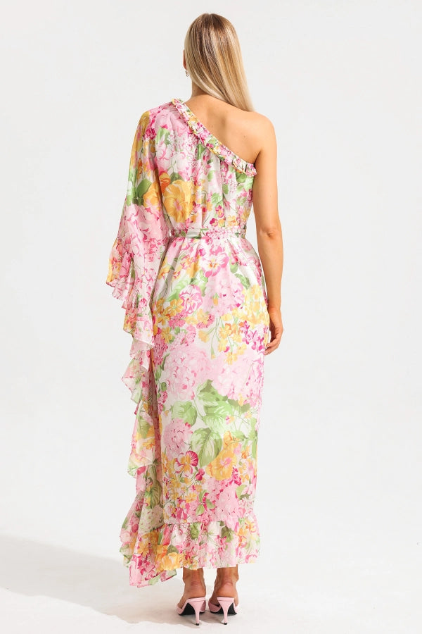 Floral Asymmetric Ruffle Maxi Dress