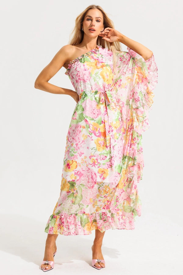 Floral Asymmetric Ruffle Maxi Dress