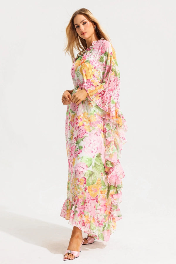 Floral Asymmetric Ruffle Maxi Dress
