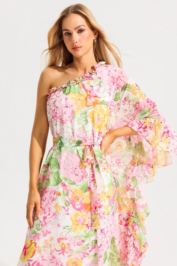 Floral Asymmetric Ruffle Maxi Dress