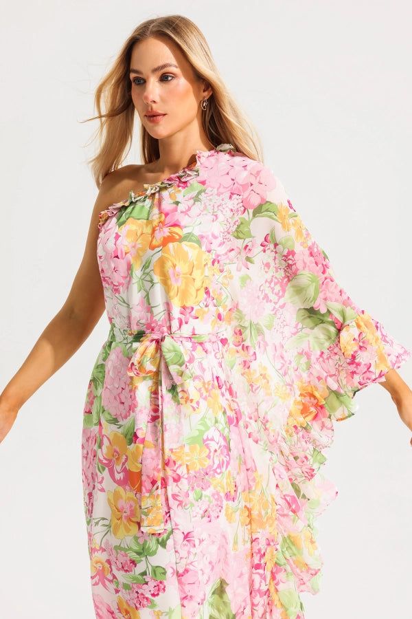 Floral Asymmetric Ruffle Maxi Dress