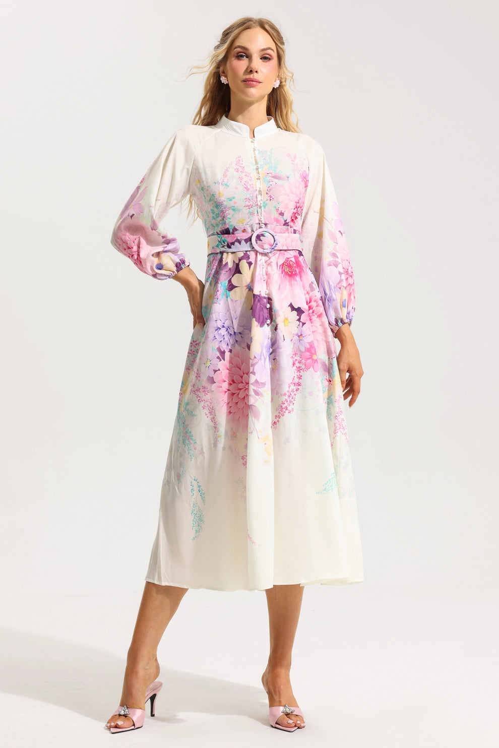 Floral Belted Midi Dress with High Neck