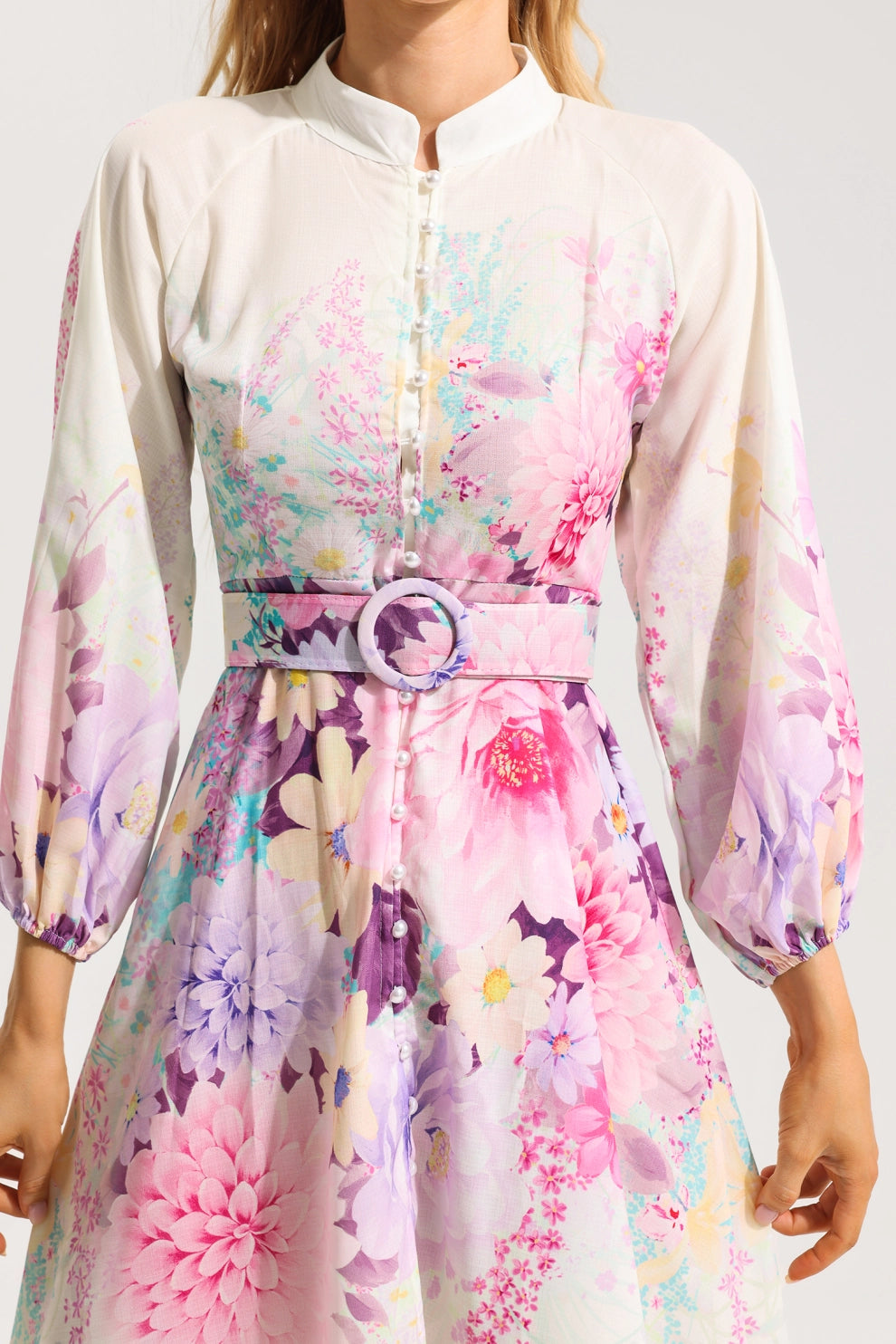 Floral Belted Midi Dress with High Neck