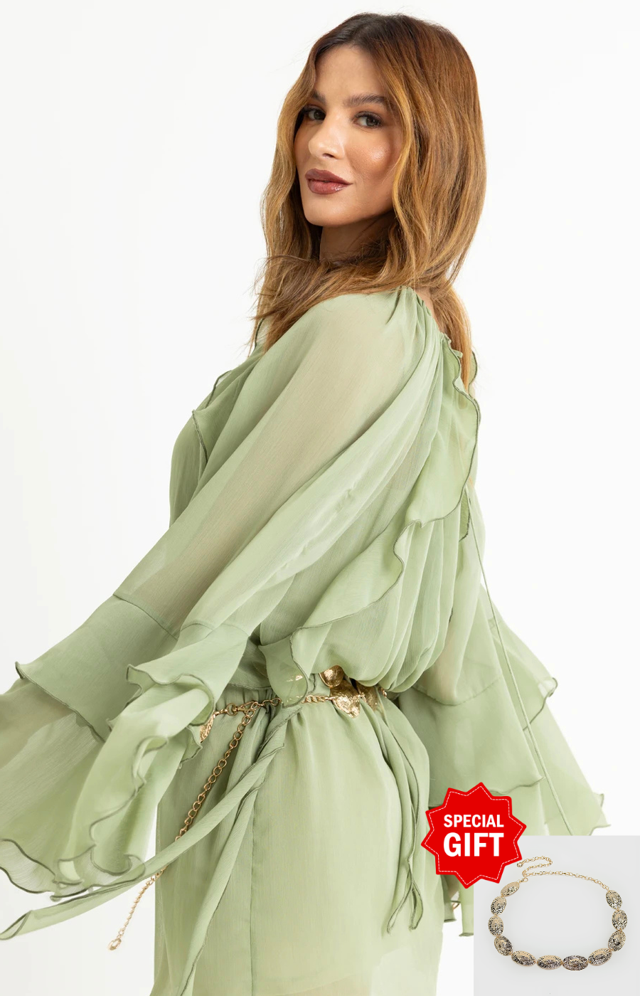 Driftlight Ruffle Tie-Back Dress + Free Sculpted Metal Belt