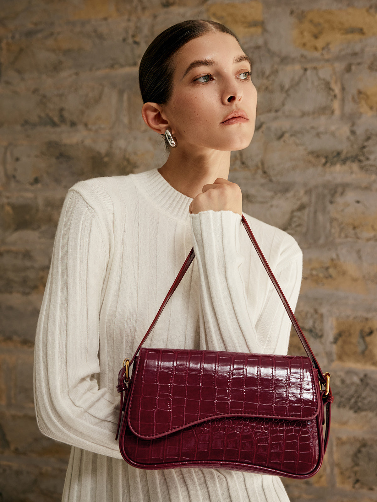 Wine Croc-Effect Shoulder Bag