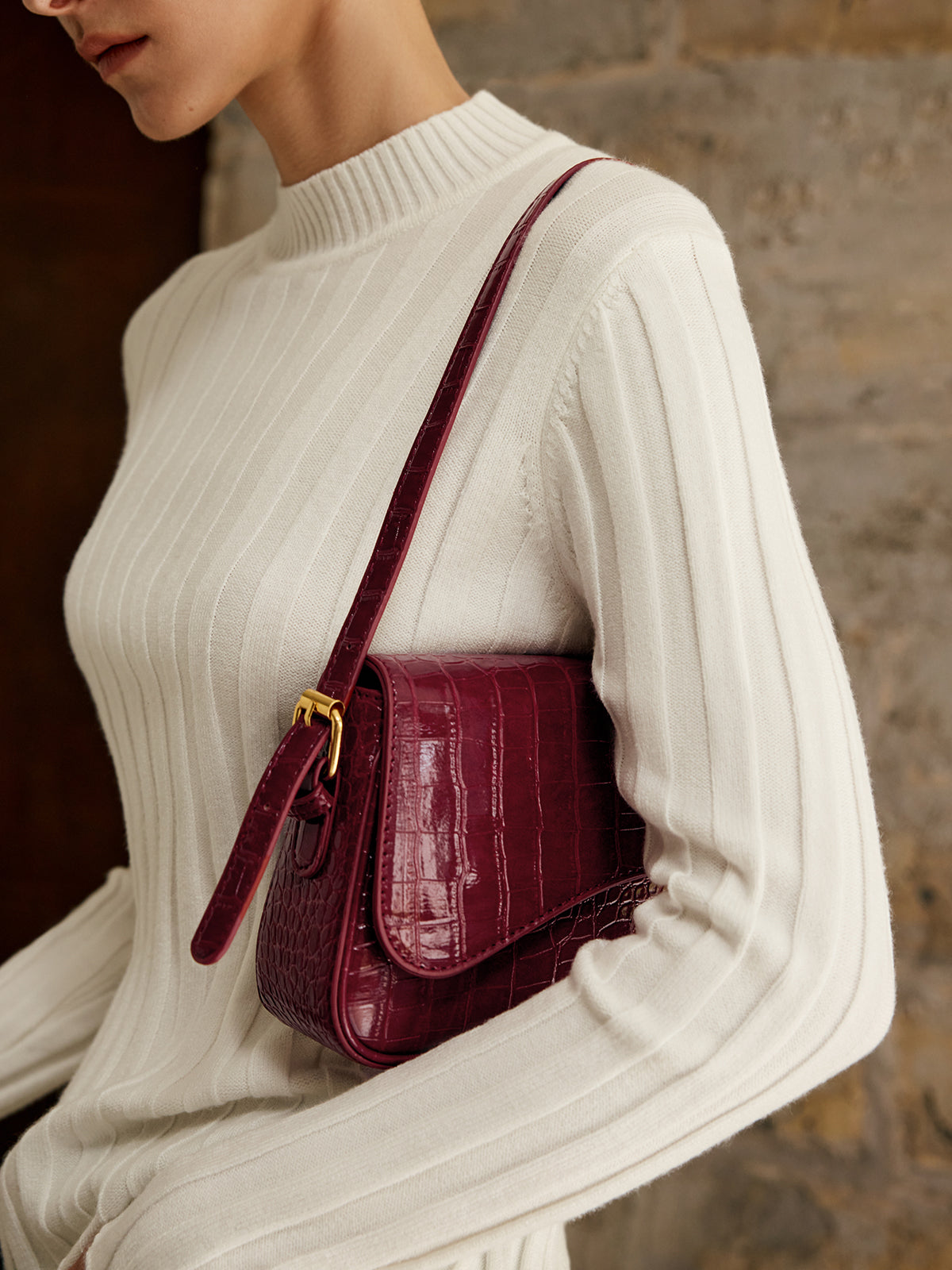 Wine Croc-Effect Shoulder Bag