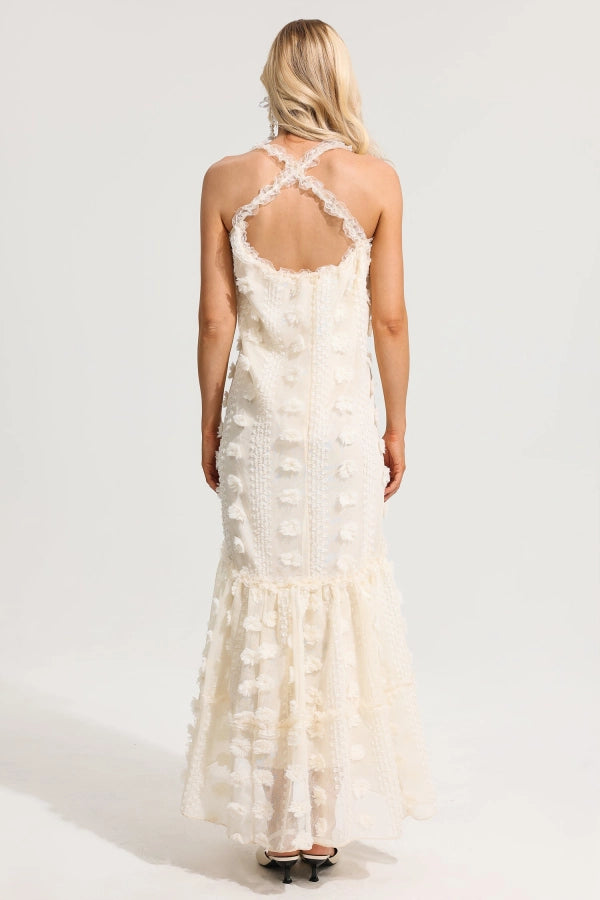 Ivory Textured Lace Tie-Strap Maxi Dress