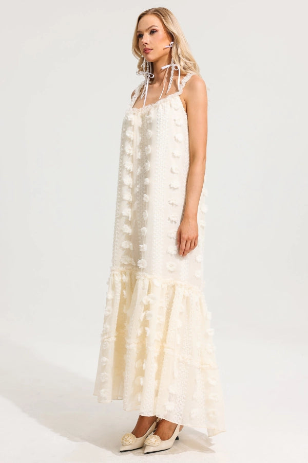 Ivory Textured Lace Tie-Strap Maxi Dress