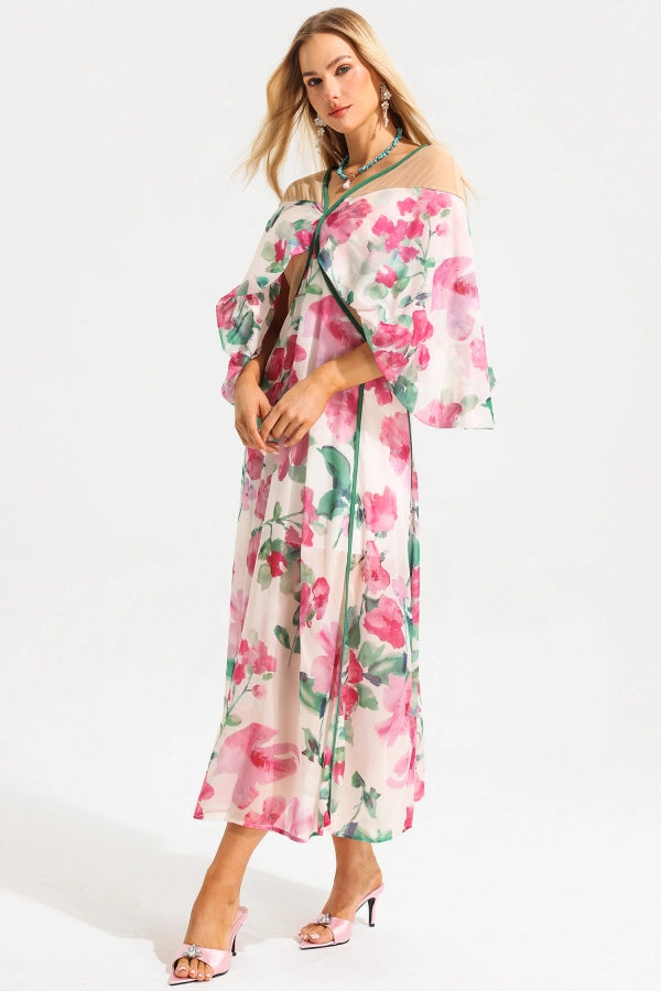 Floral Cape Detail Illusion Midi Dress