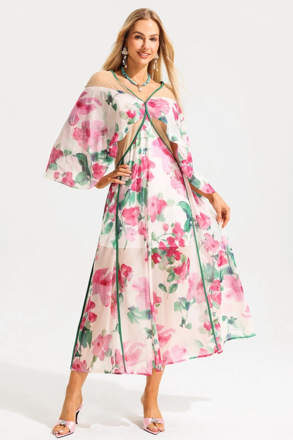 Floral Cape Detail Illusion Midi Dress