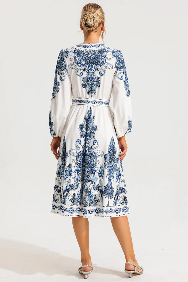 Blue Tile-Print Belted Midi Dress