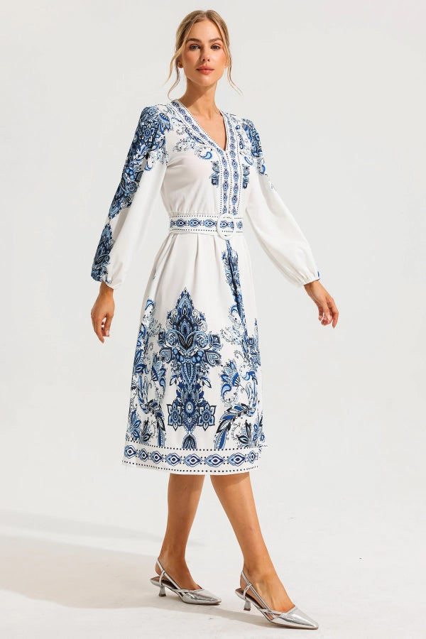 Blue Tile-Print Belted Midi Dress
