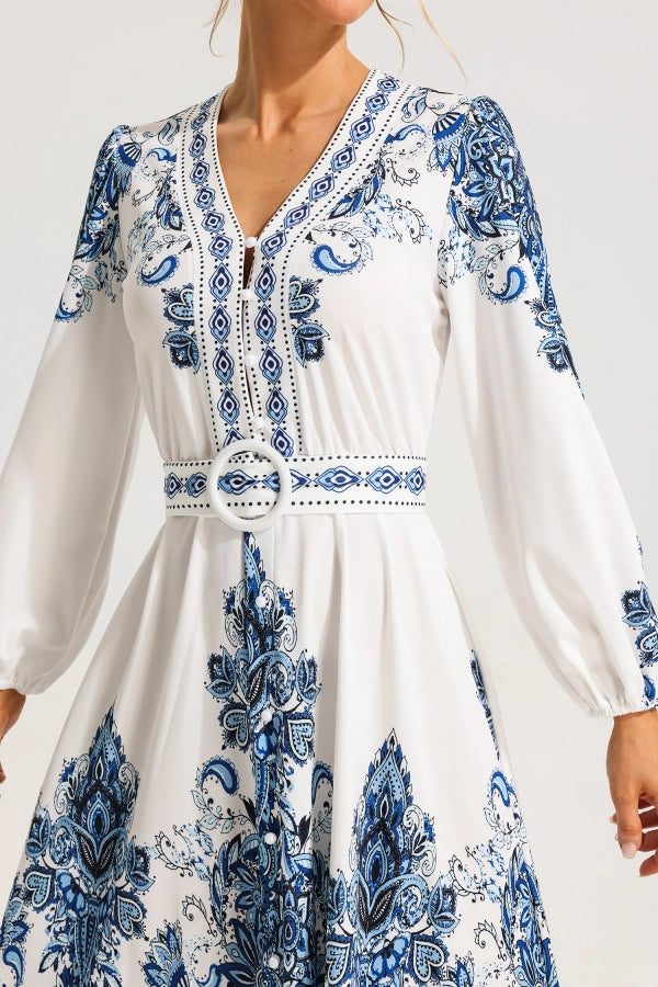 Blue Tile-Print Belted Midi Dress