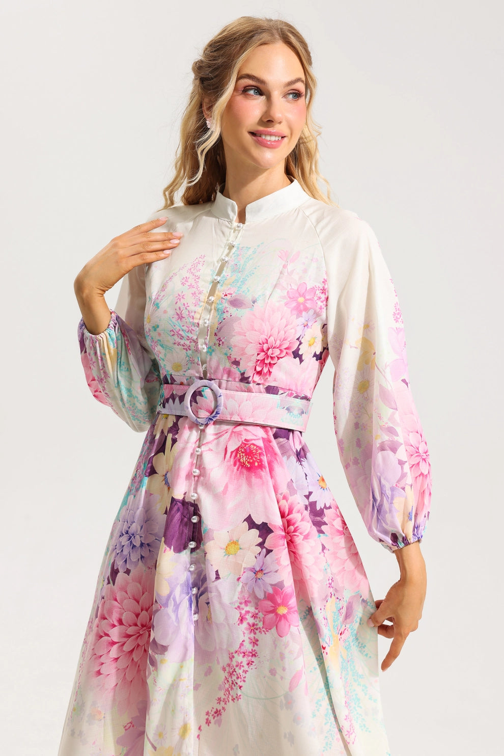 Floral Belted Midi Dress with High Neck