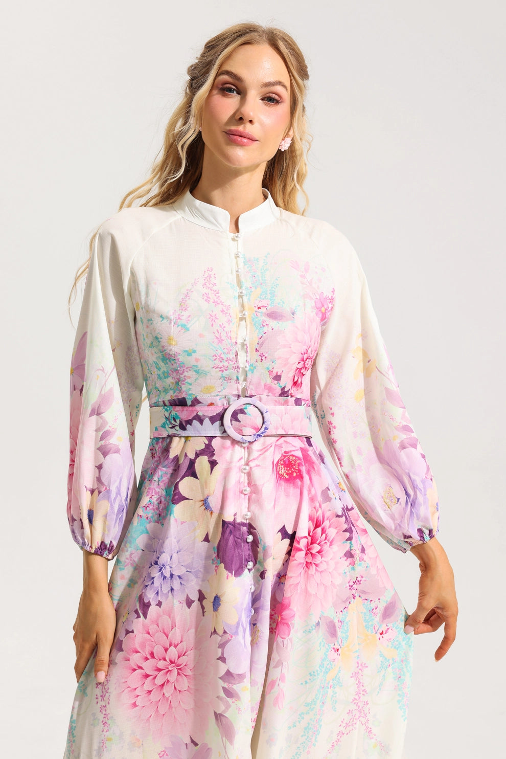 Floral Belted Midi Dress with High Neck