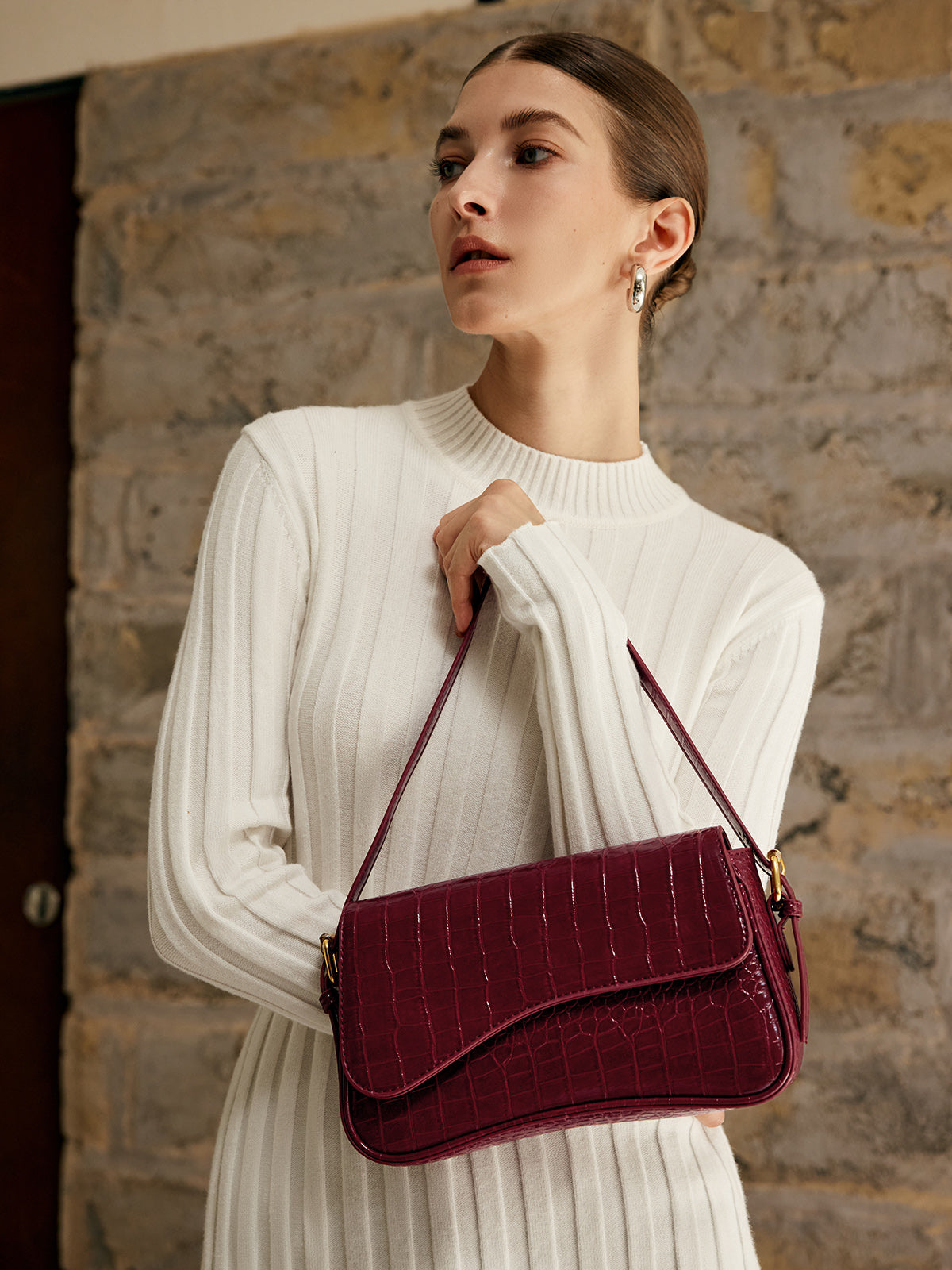 Wine Croc-Effect Shoulder Bag