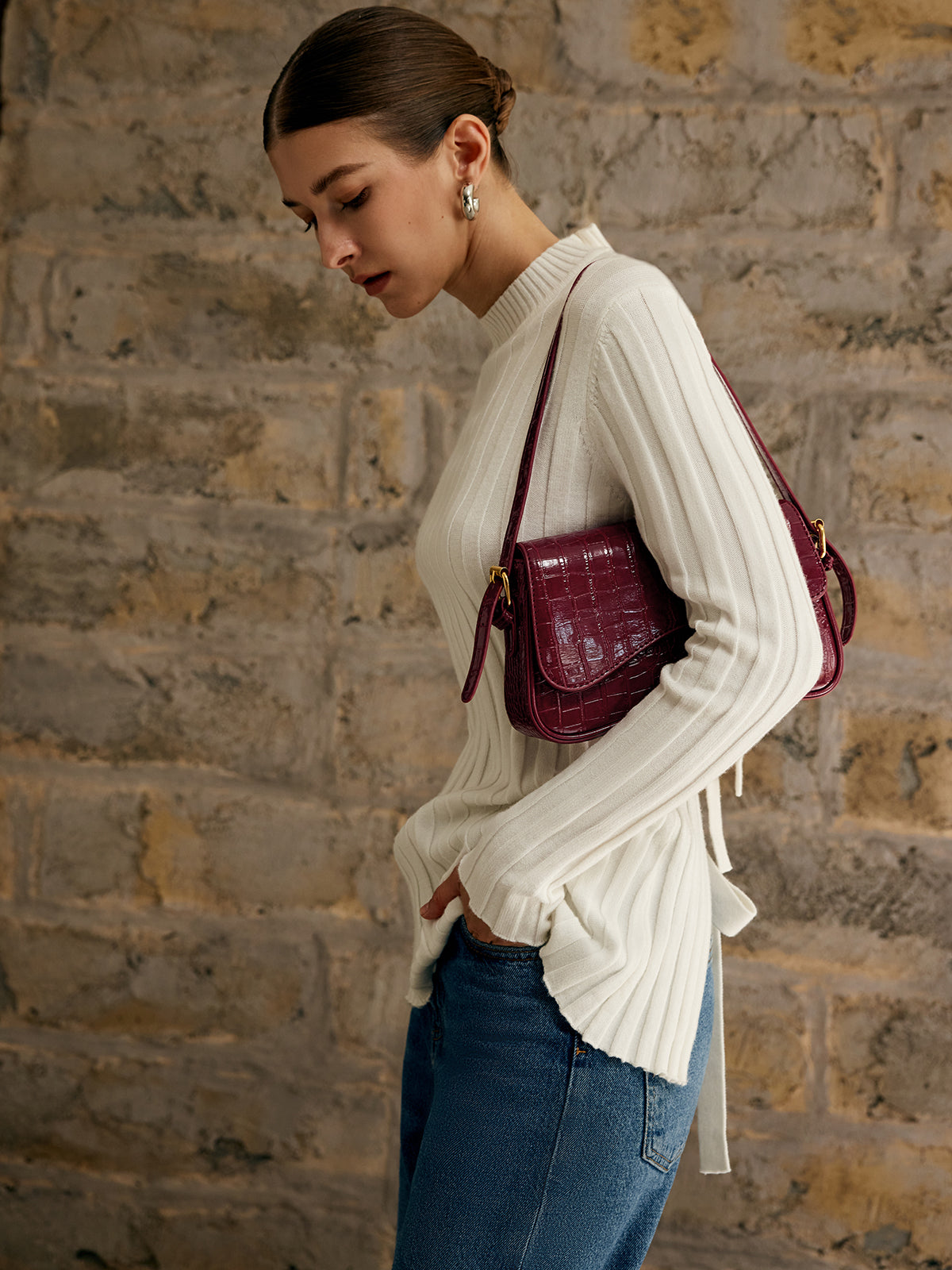 Wine Croc-Effect Shoulder Bag