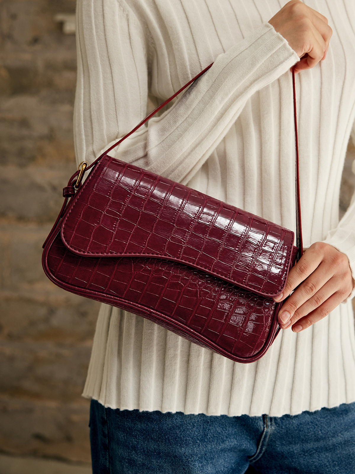 Wine Croc-Effect Shoulder Bag