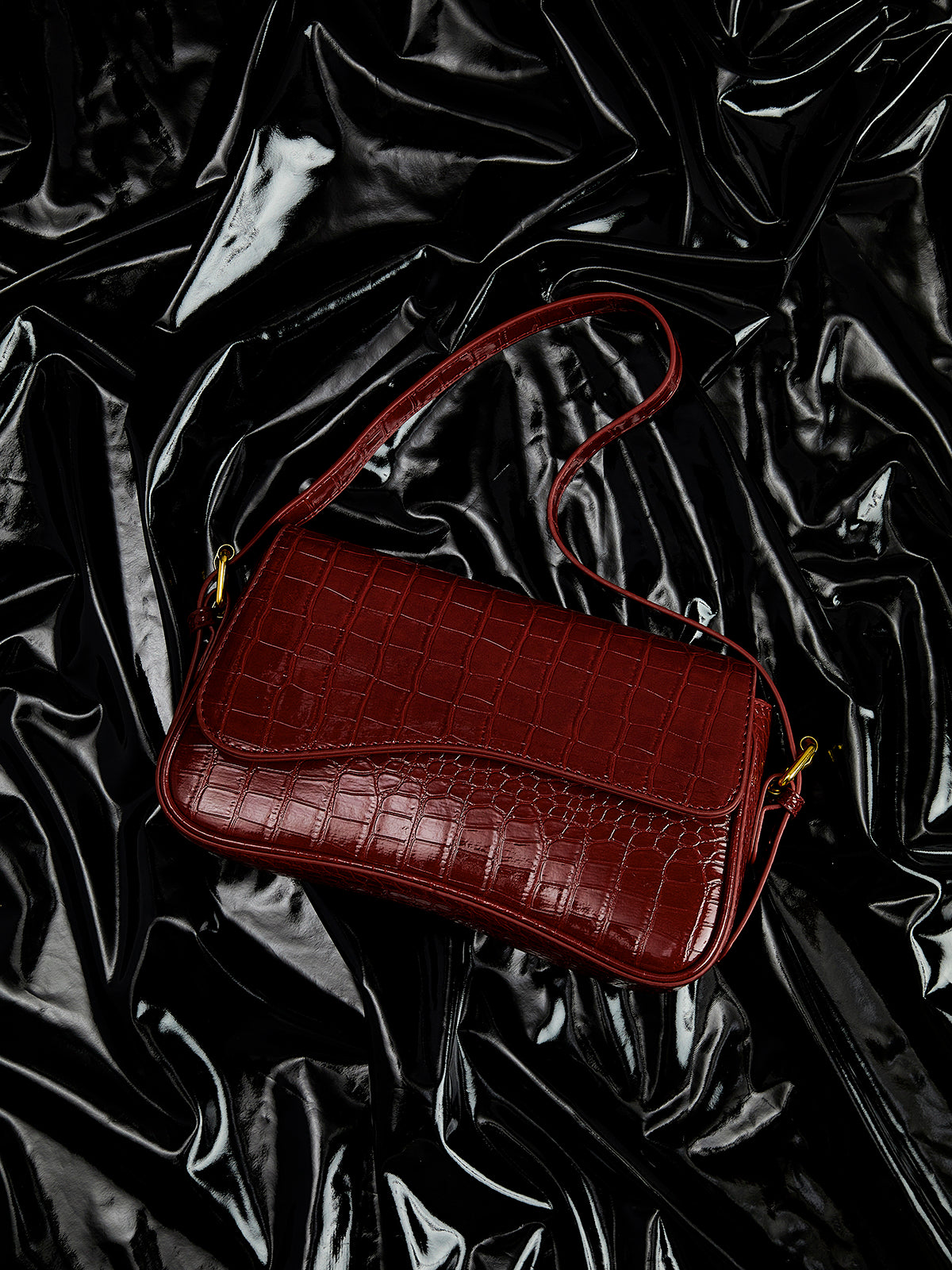 Wine Croc-Effect Shoulder Bag