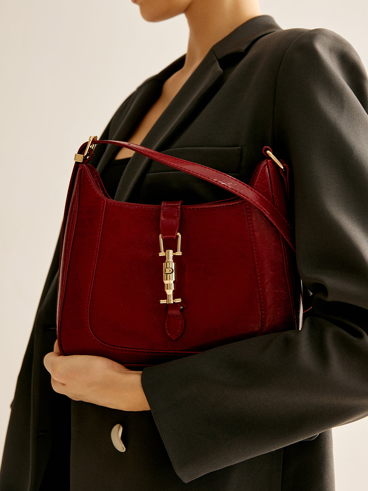 Structured Buckle Accent Shoulder Bag