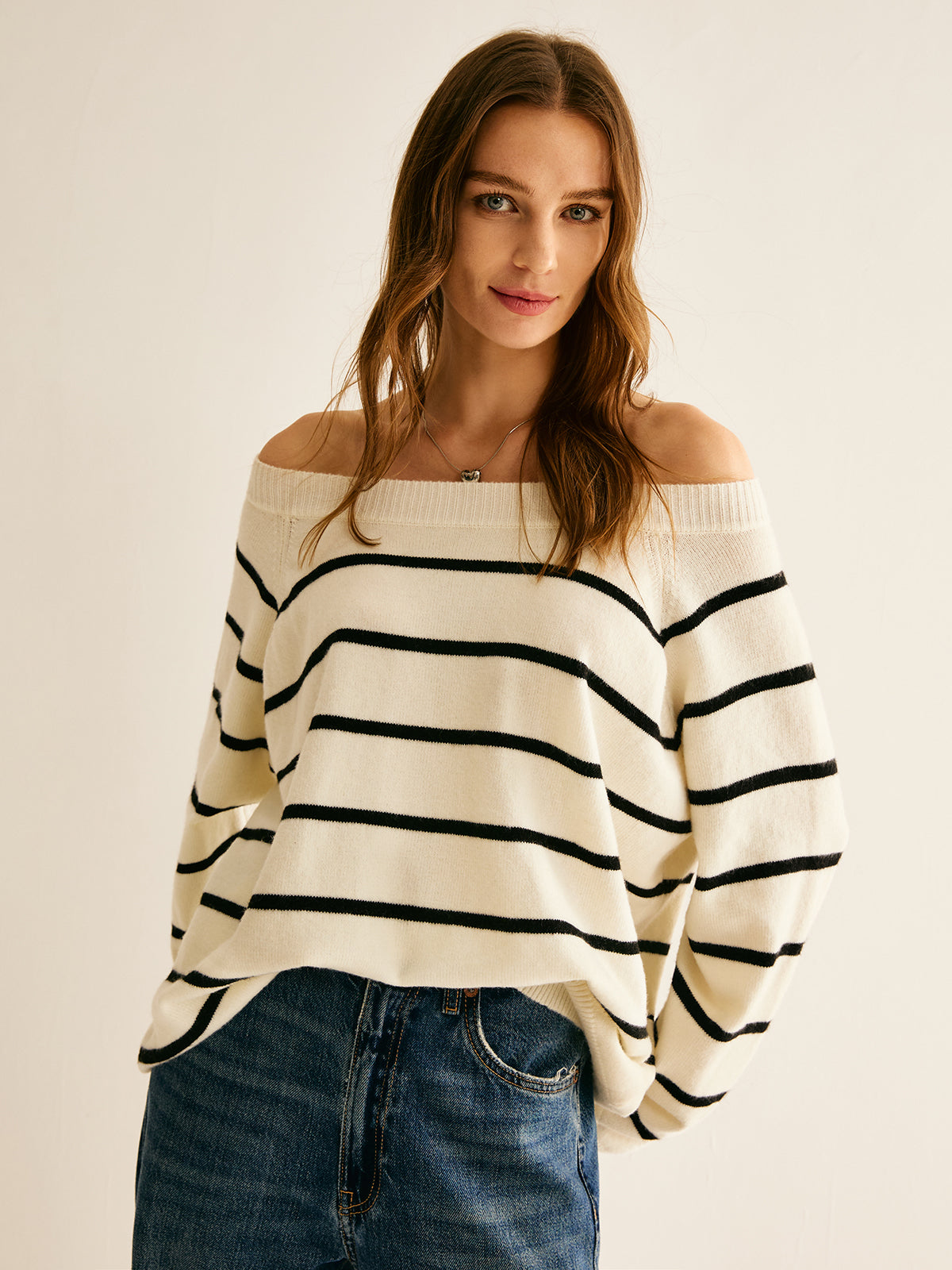 Off-Shoulder Striped Knit Jumper