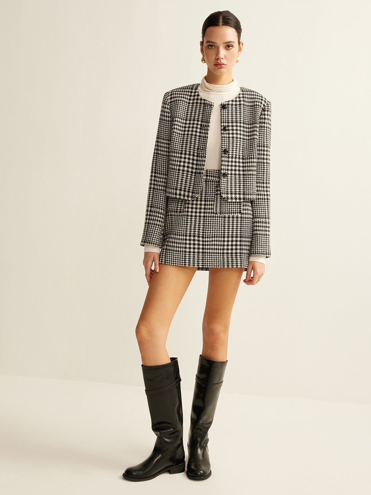 Cropped Wool-Blend Houndstooth Jacket