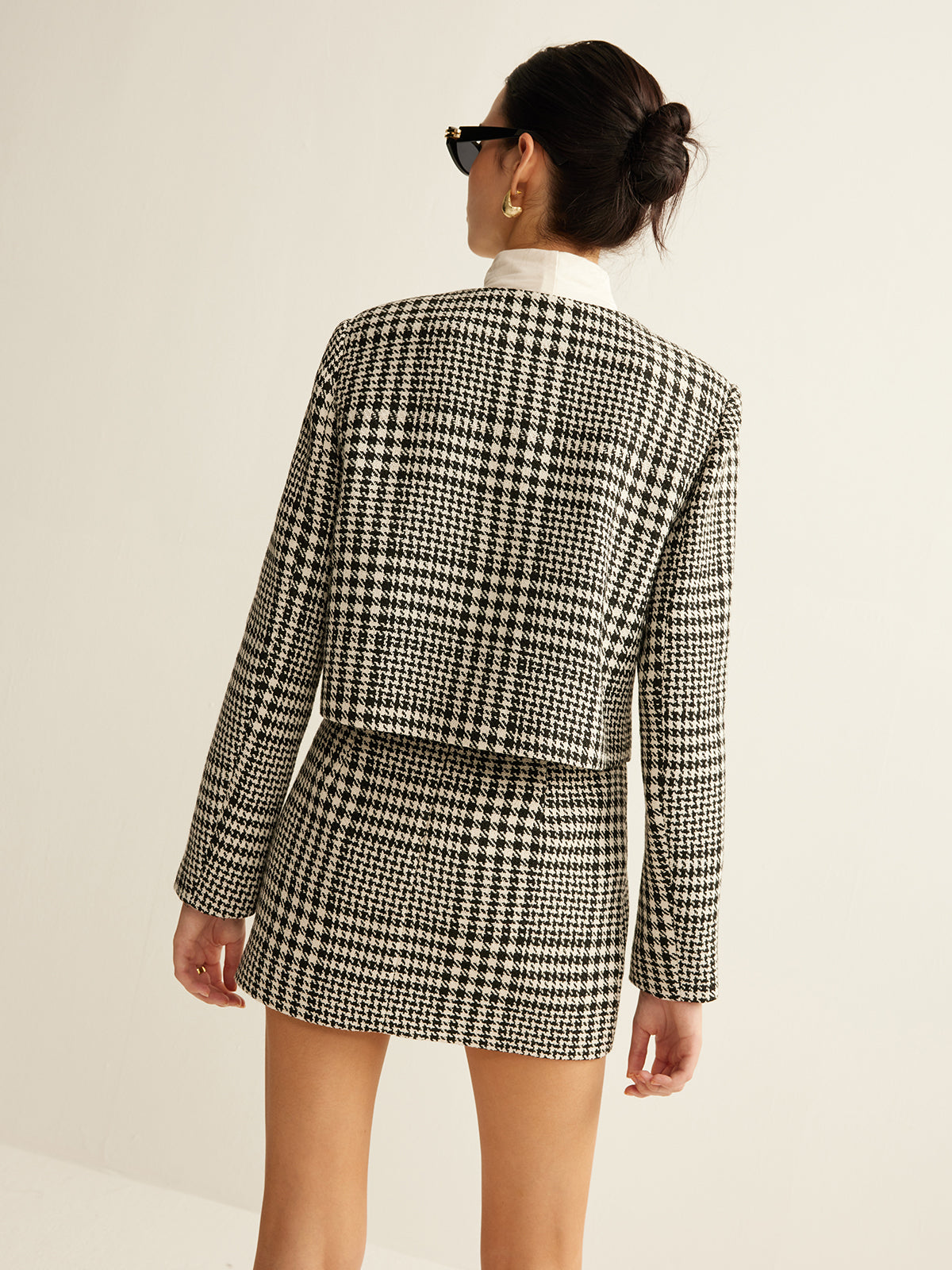 Cropped Wool-Blend Houndstooth Jacket