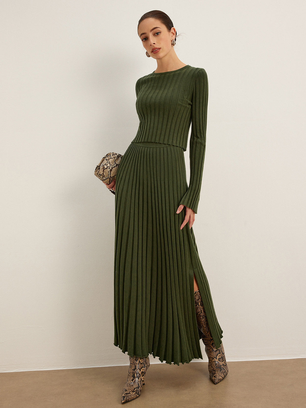 Ribbed Knit Long Dress with Side Slit - Olive Green
