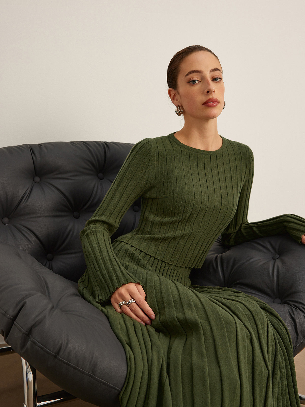Ribbed Knit Long Dress with Side Slit - Olive Green
