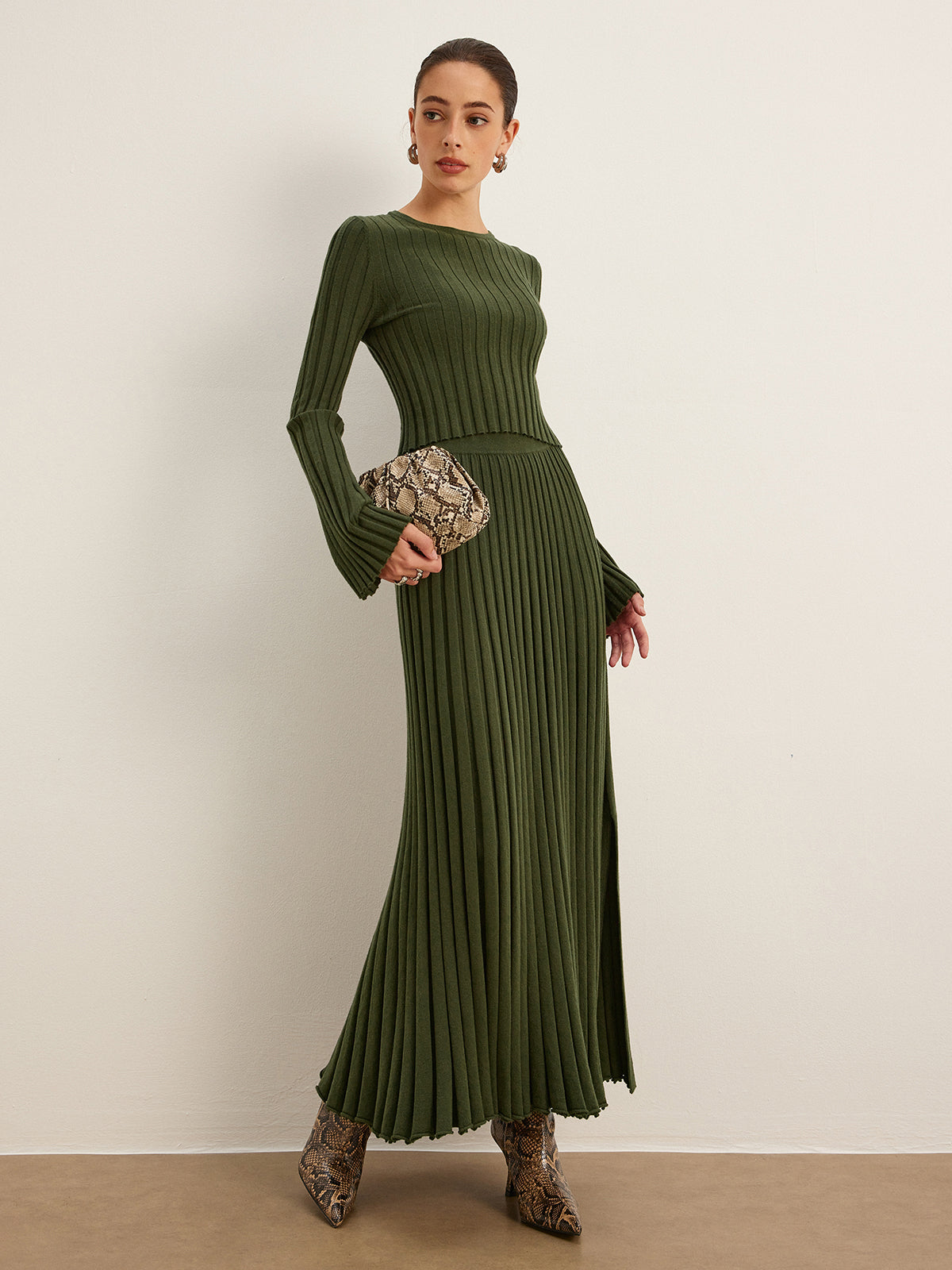 Ribbed Knit Long Dress with Side Slit - Olive Green