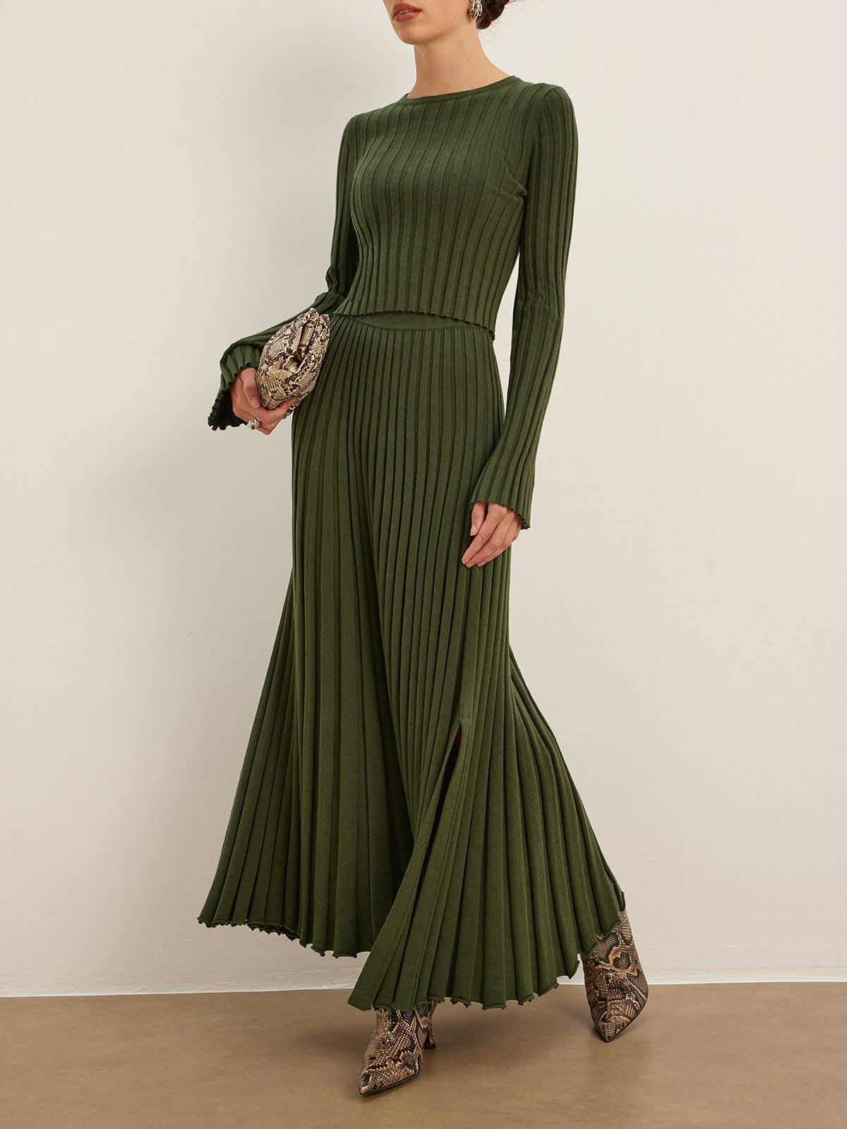 Ribbed Knit Long Dress with Side Slit - Olive Green
