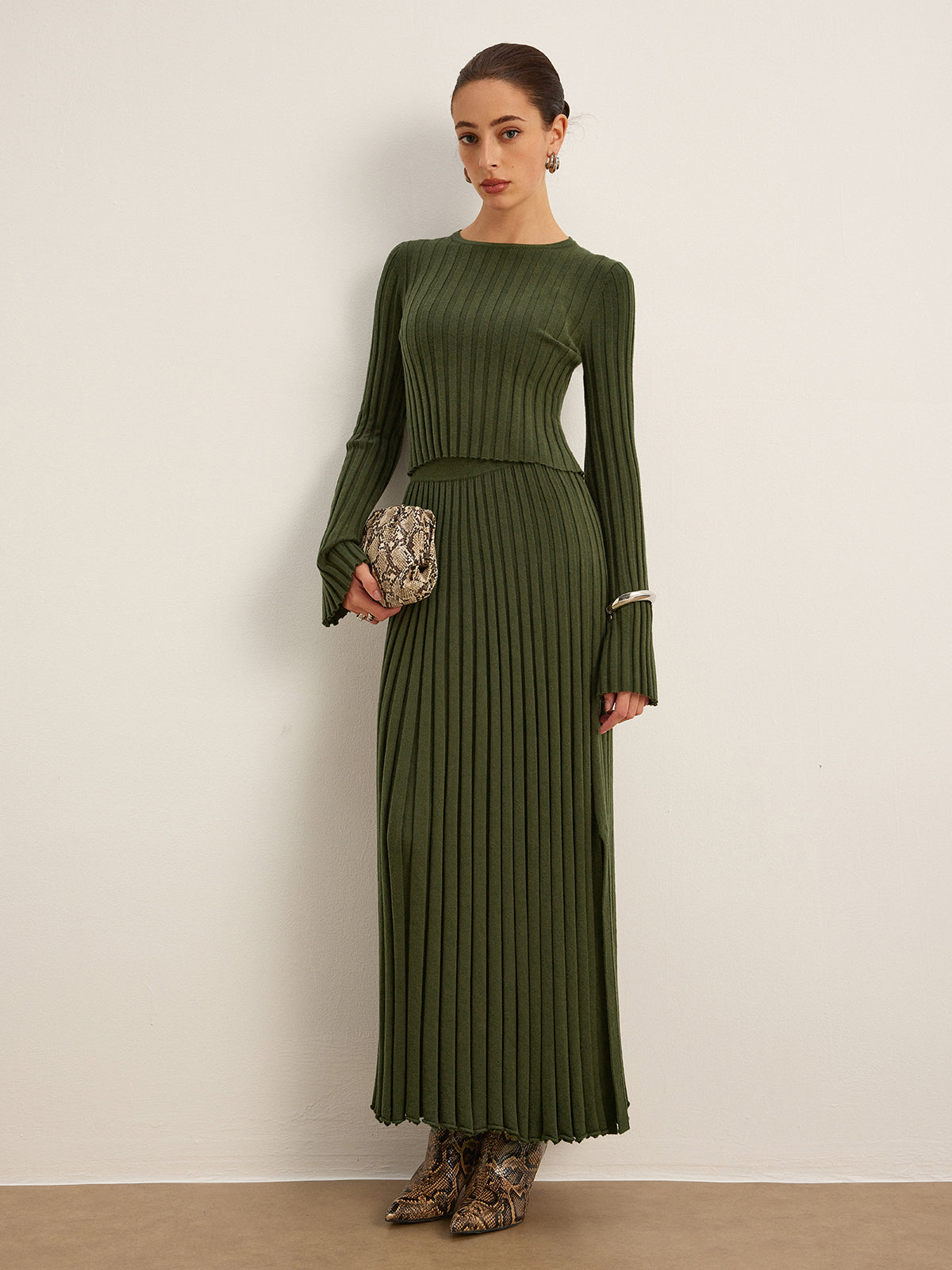 Ribbed Knit Long Dress with Side Slit - Olive Green