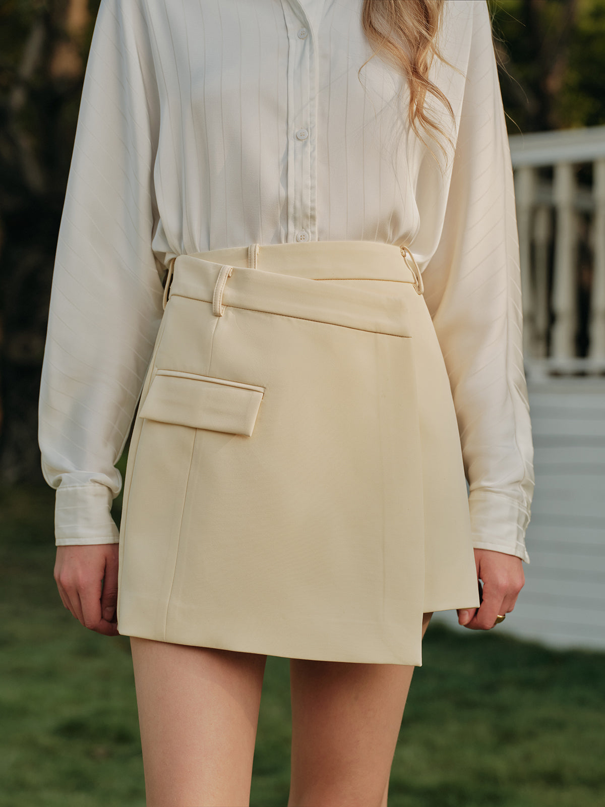Asymmetric High-Waisted Wrap Skirt with Pocket Flap