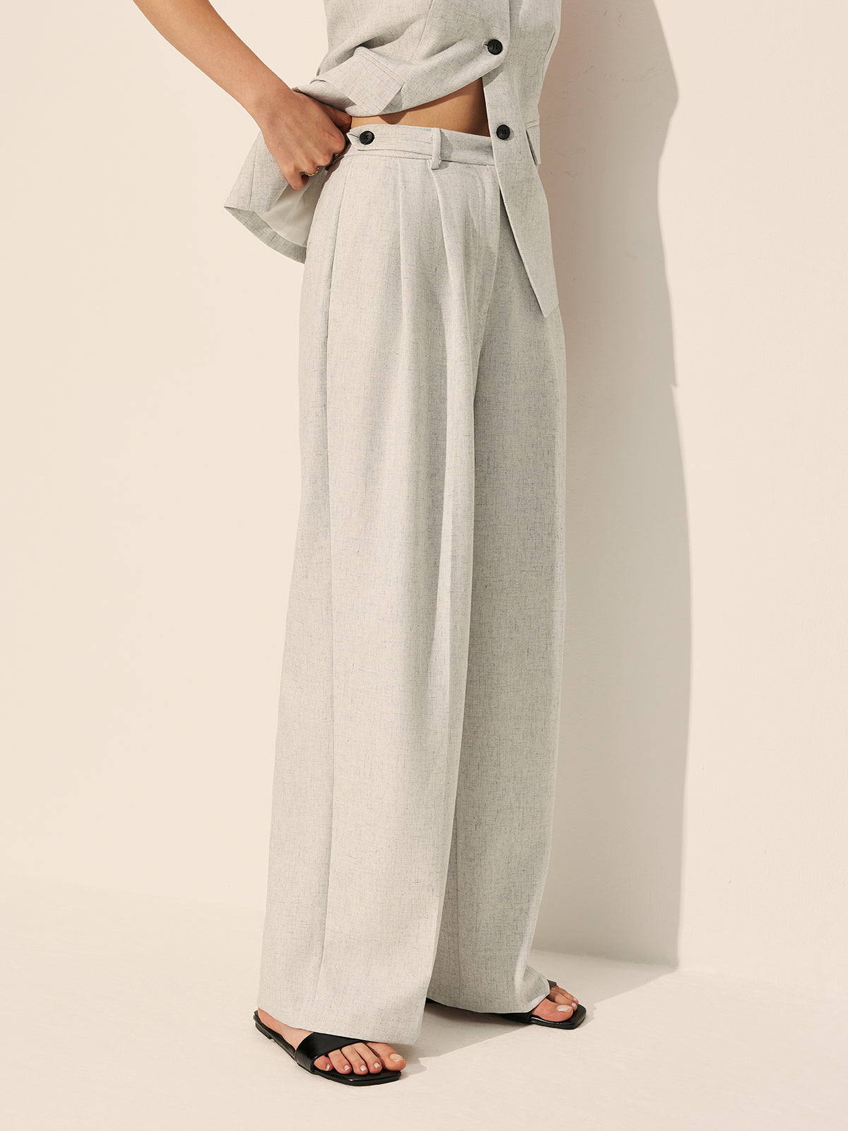 Tailored Pleated Wide-Leg Trousers in Light Grey