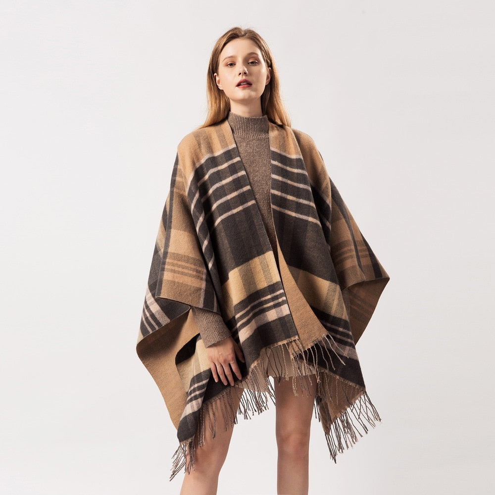 Plaid Fringe Winter Poncho
