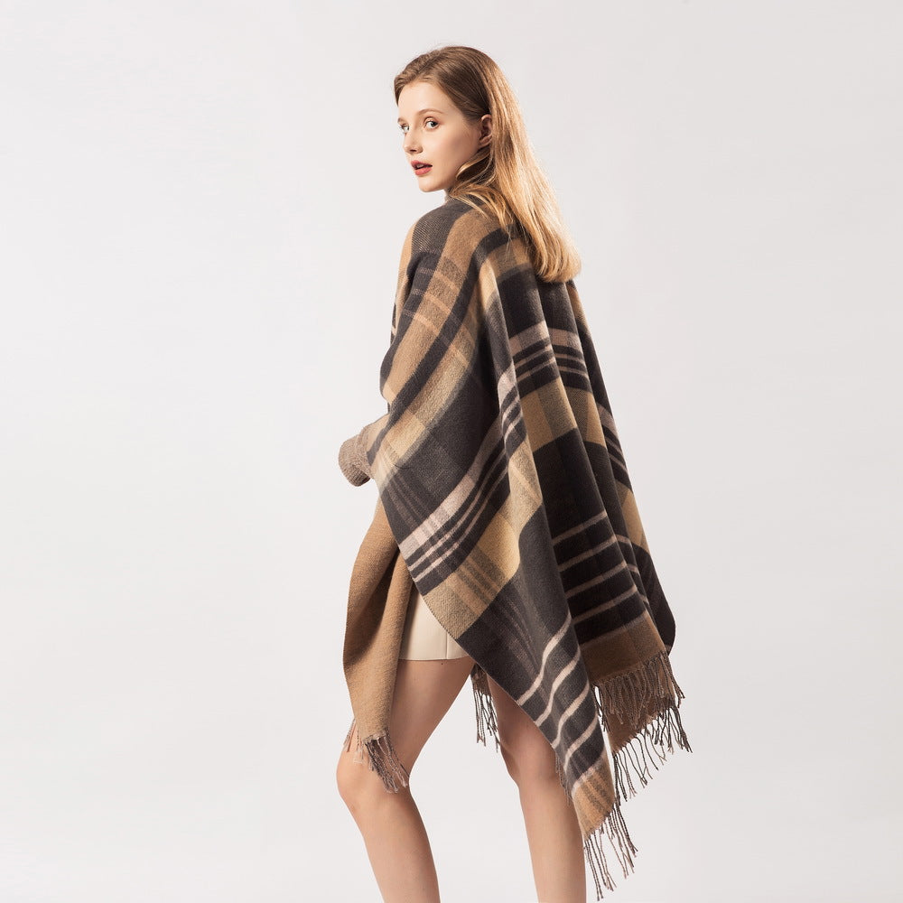 Plaid Fringe Winter Poncho