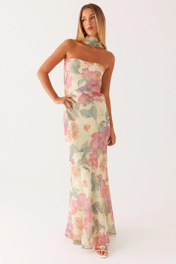Floral Aura Scarf-Neck Dress
