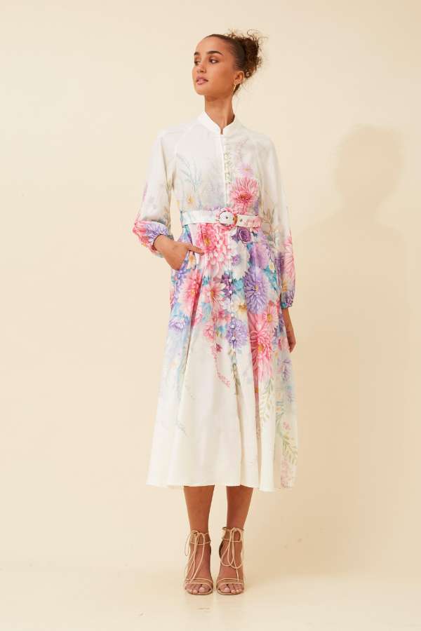 Floral Belted Midi Dress with High Neck