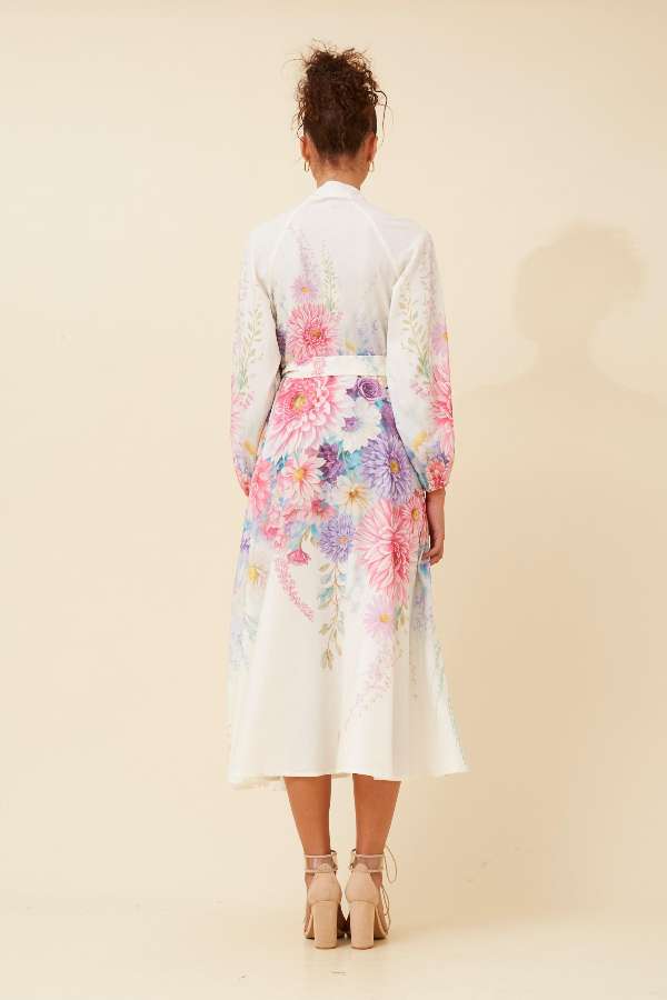 Floral Belted Midi Dress with High Neck
