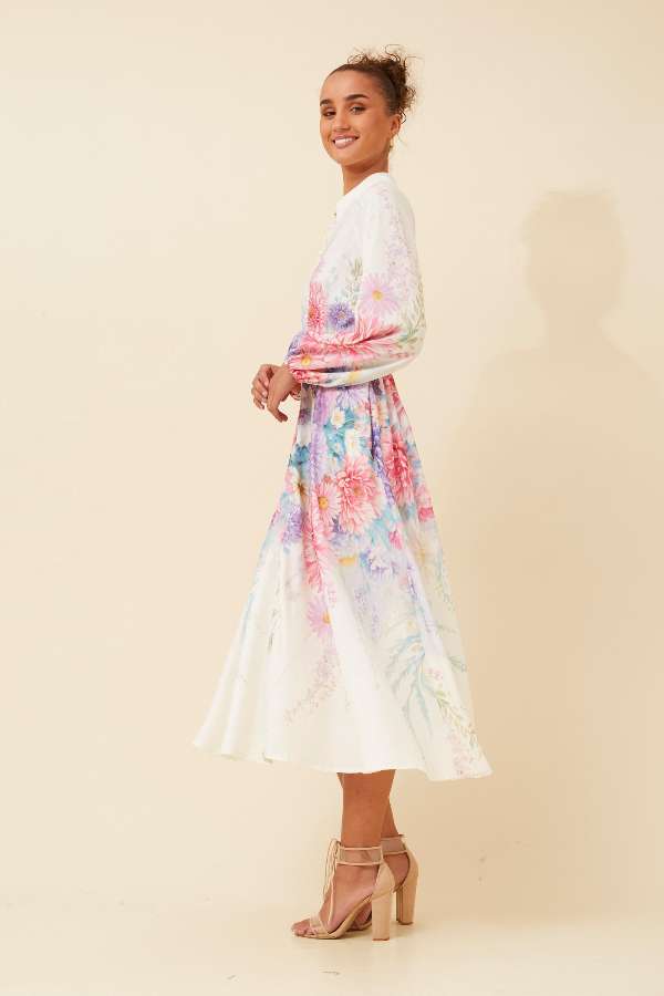 Floral Belted Midi Dress with High Neck