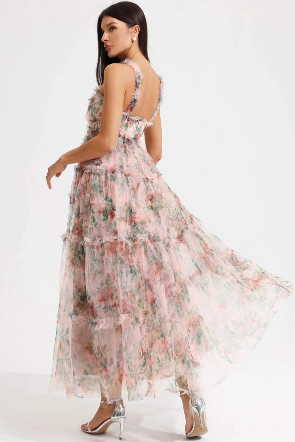 Floral Embroidered Tulle Maxi Dress